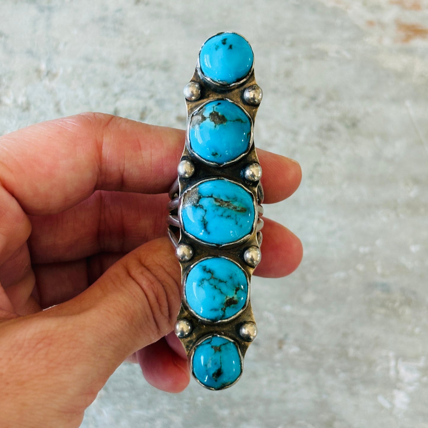 Vintage Navajo Signed Sterling Silver & Kingman Turquoise Five Stone Crawler Ring