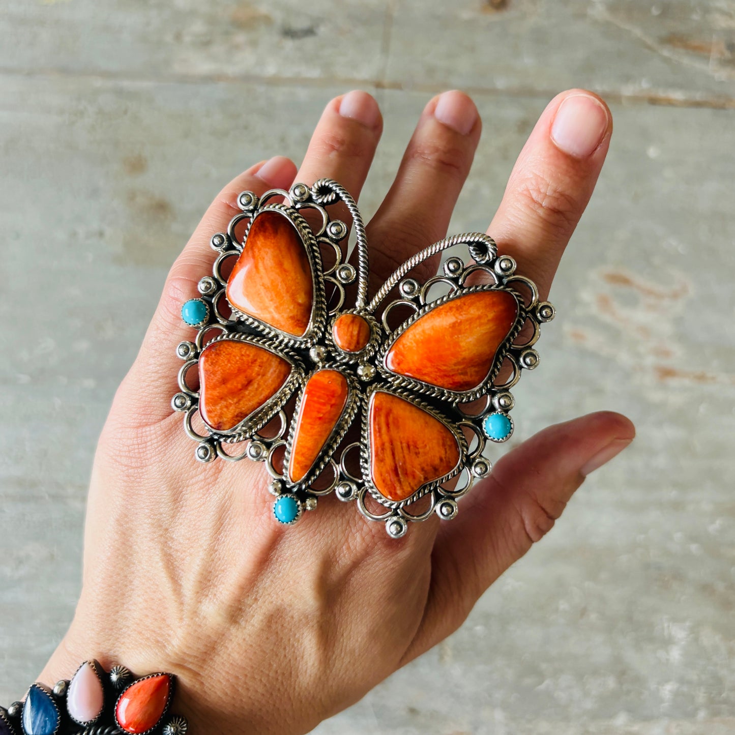 Navajo Hemerson Brown Sterling Silver - Orange Spiny & Sleeping Beauty Turquoise Butterfly Ring