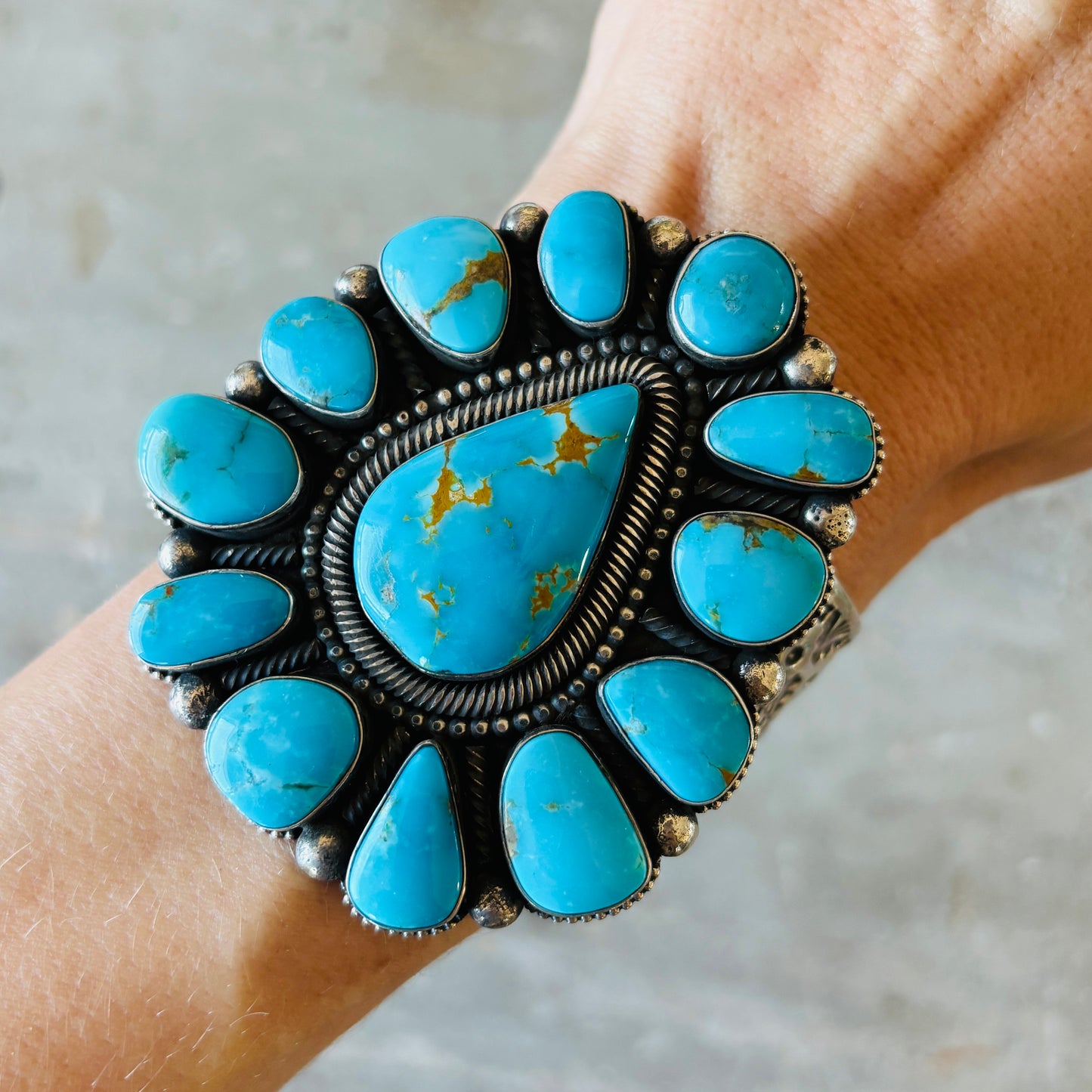 Navajo Braxton Parkett Sterling Silver & Kingman Turquoise Cluster Cuff