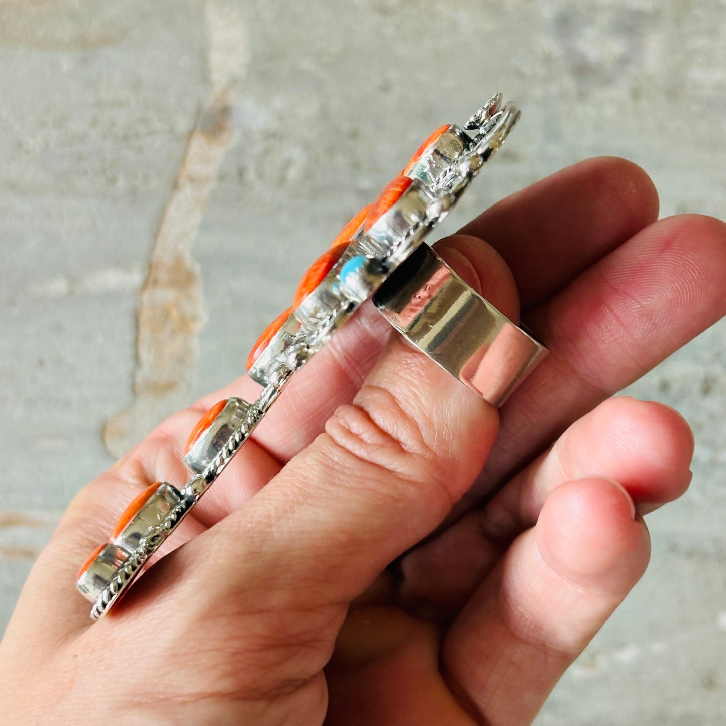 Navajo Hemerson Brown Sterling Silver - Orange Spiny & Sleeping Beauty Turquoise Dragonfly Ring