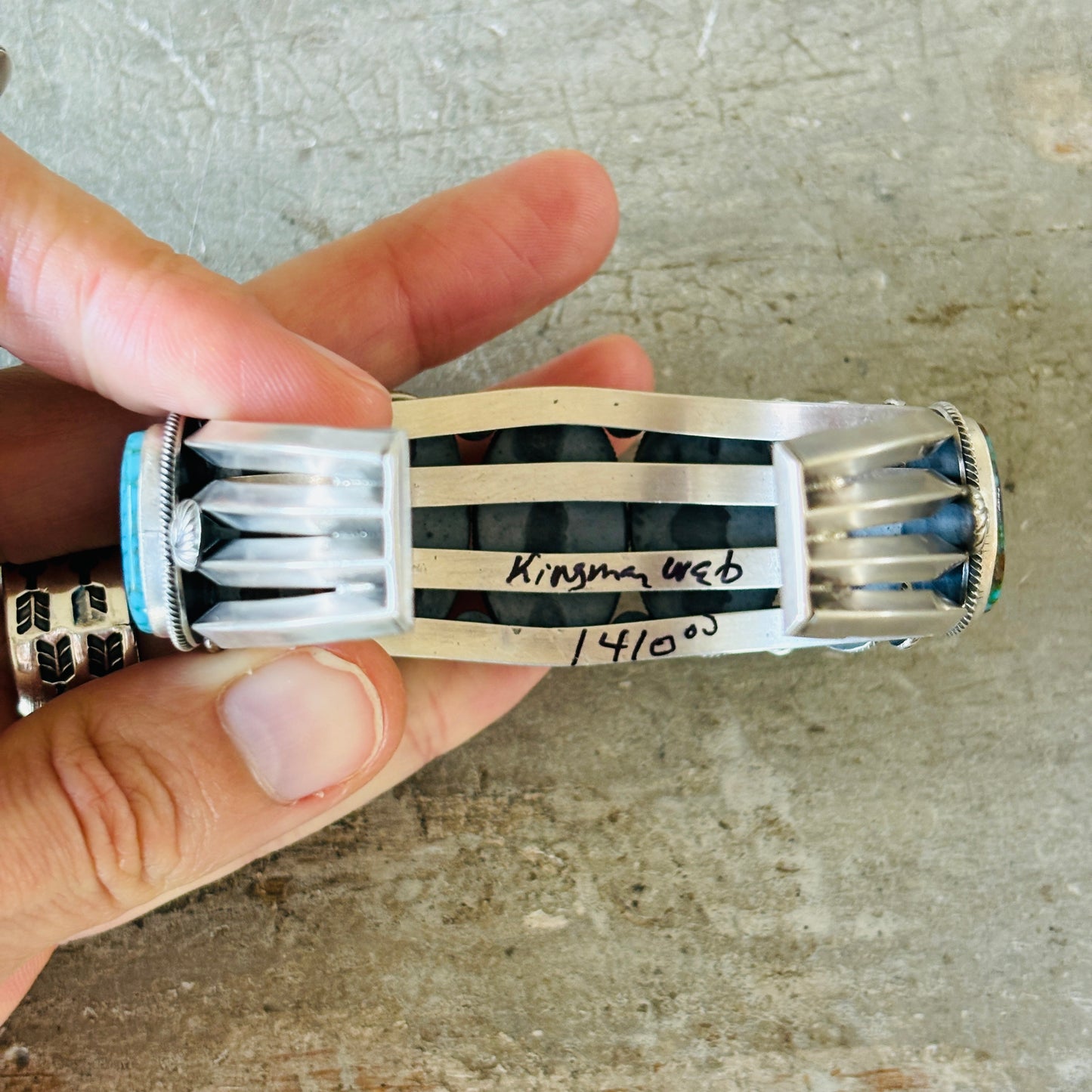 Navajo Freddie Maloney Sterling Silver & Spiderweb Kingman Turquoise 7 Stone Statement Cuff