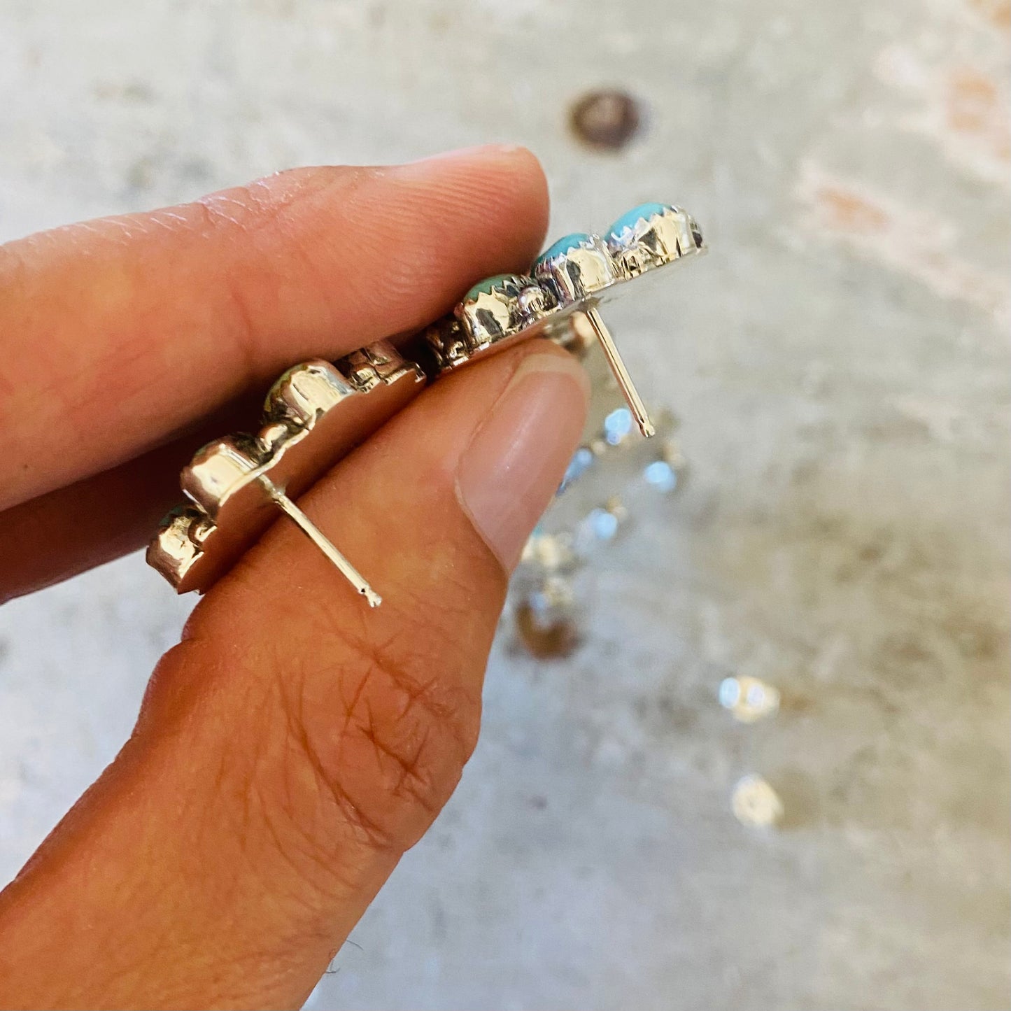 Navajo Pearlene Spencer Sterling Silver & Kingman Turquoise Cluster Earrings