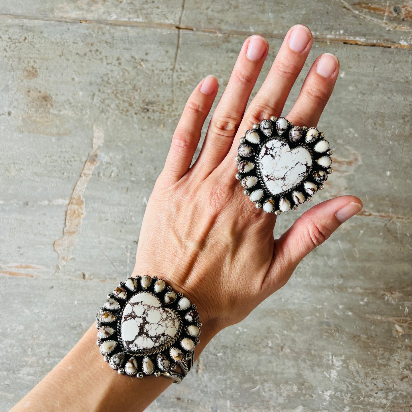 Navajo Hemerson Brown Sterling Silver & Wild Horse Jasper Heart Cluster Cuff