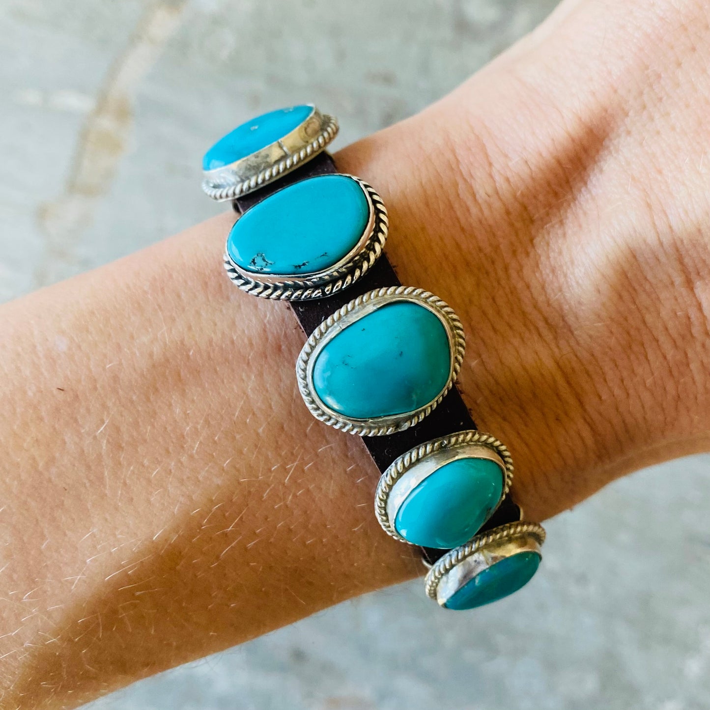 Navajo Signed Sterling Silver & Turquoise Leather Bracelet