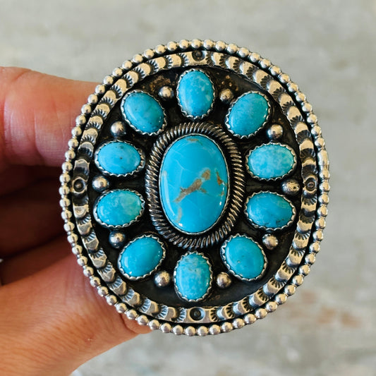 Navajo Braxton Parkett Sterling Silver & Kingman Turquoise Cluster Ring