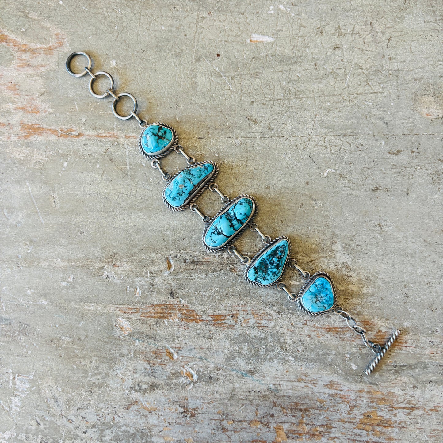 Navajo La Rose Ganadonegro Sterling Silver & Sleeping Beauty Turquoise Panel Bracelet