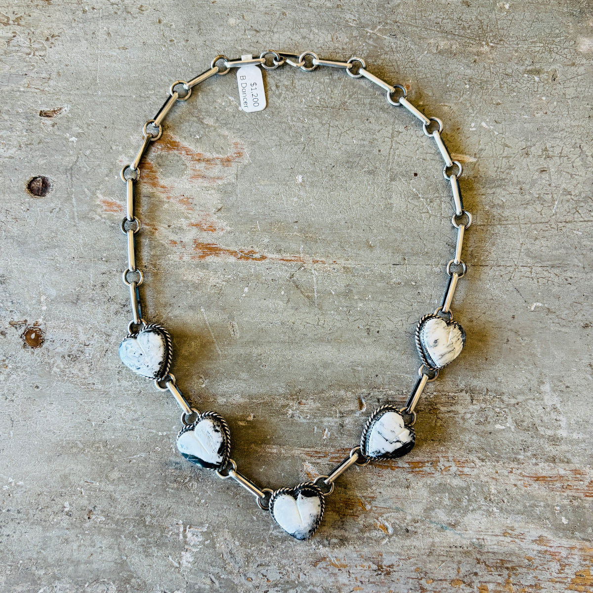 Navajo Lawrence Archuleta Sterling Silver & White Buffalo Hearts Necklace