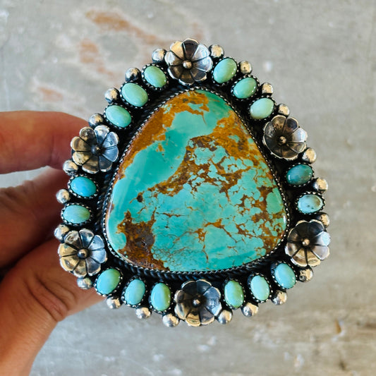 Navajo Marcus Chavez Sterling Silver & Kingman Turquoise Floral Statement Cuff