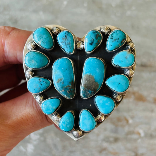 Navajo Freddy Platero Sterling Silver & Whitewater Turquoise Cluster Heart Ring