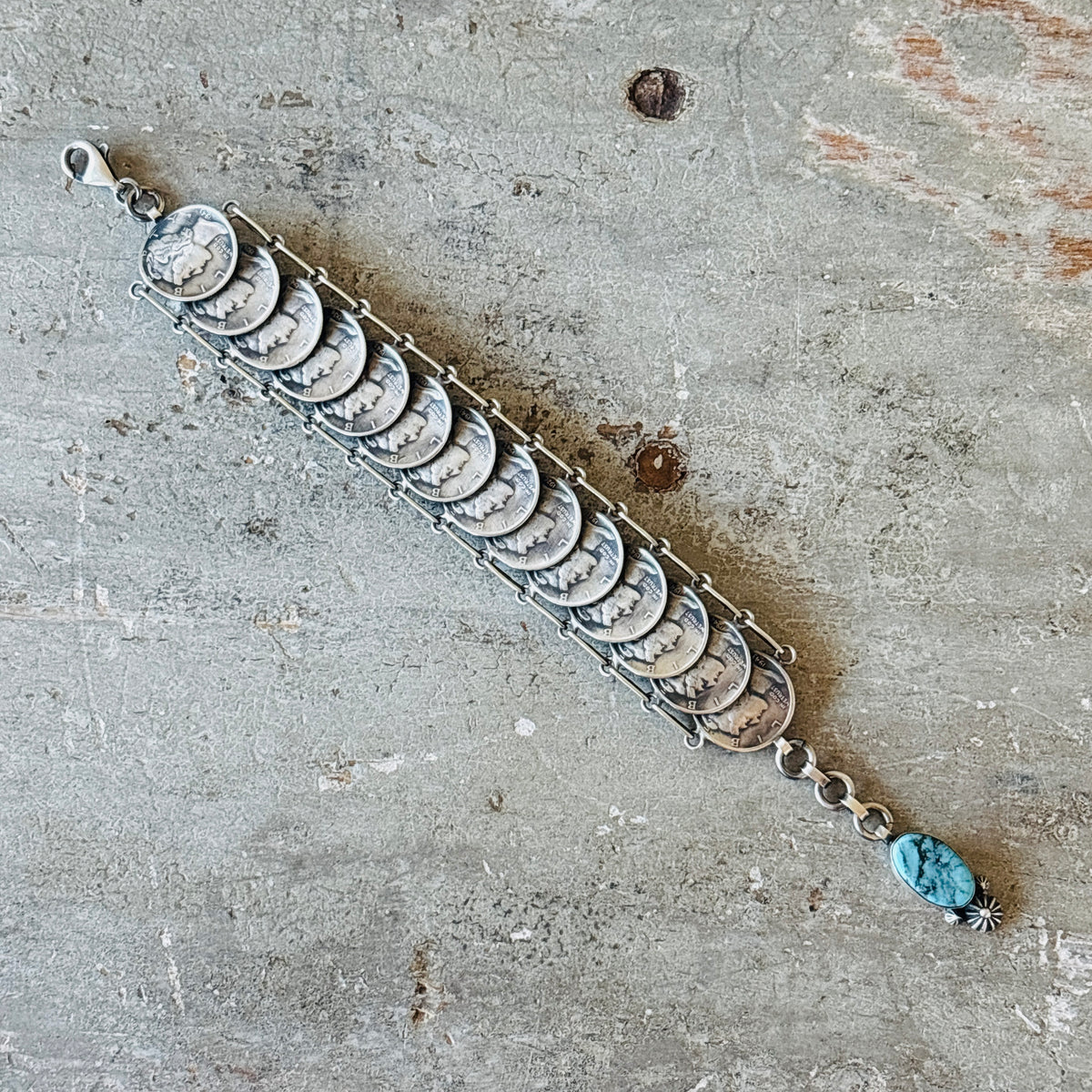 Navajo James McCabe Sterling Silver & Kingman Turquoise Liberty Dimes Panel Bracelet