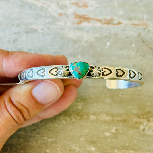 Navajo Darrell Cadman Sterling Silver & Sonoran Turquoise Hearts Stacker Cuff