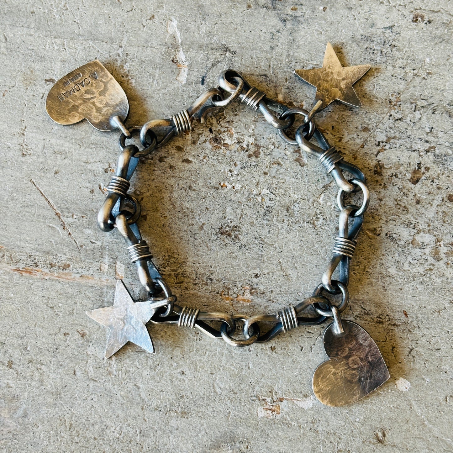 Navajo Andy Cadman Sterling Silver Hearts & Stars Charm Bracelet