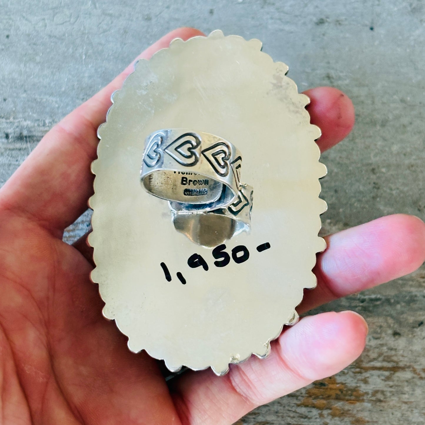 New Navajo Hemerson Brown Sterling Silver & Pink Conch Hearts Ring