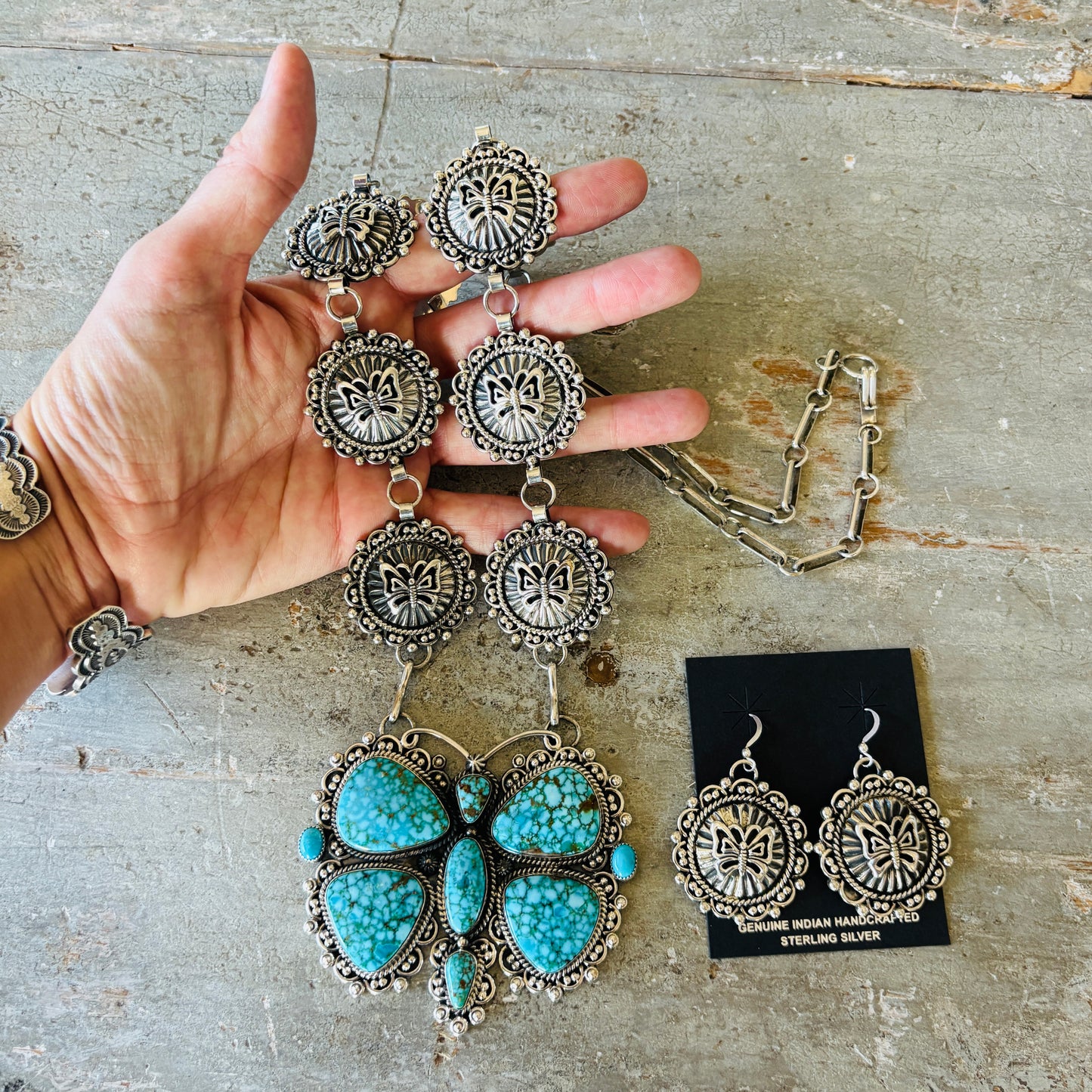 Navajo Hemerson Brown Sterling Silver & Web Kingman Butterfly Concho Statement Necklace Set