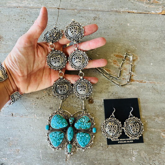 Navajo Hemerson Brown Sterling Silver & Web Kingman Butterfly Concho Statement Necklace Set