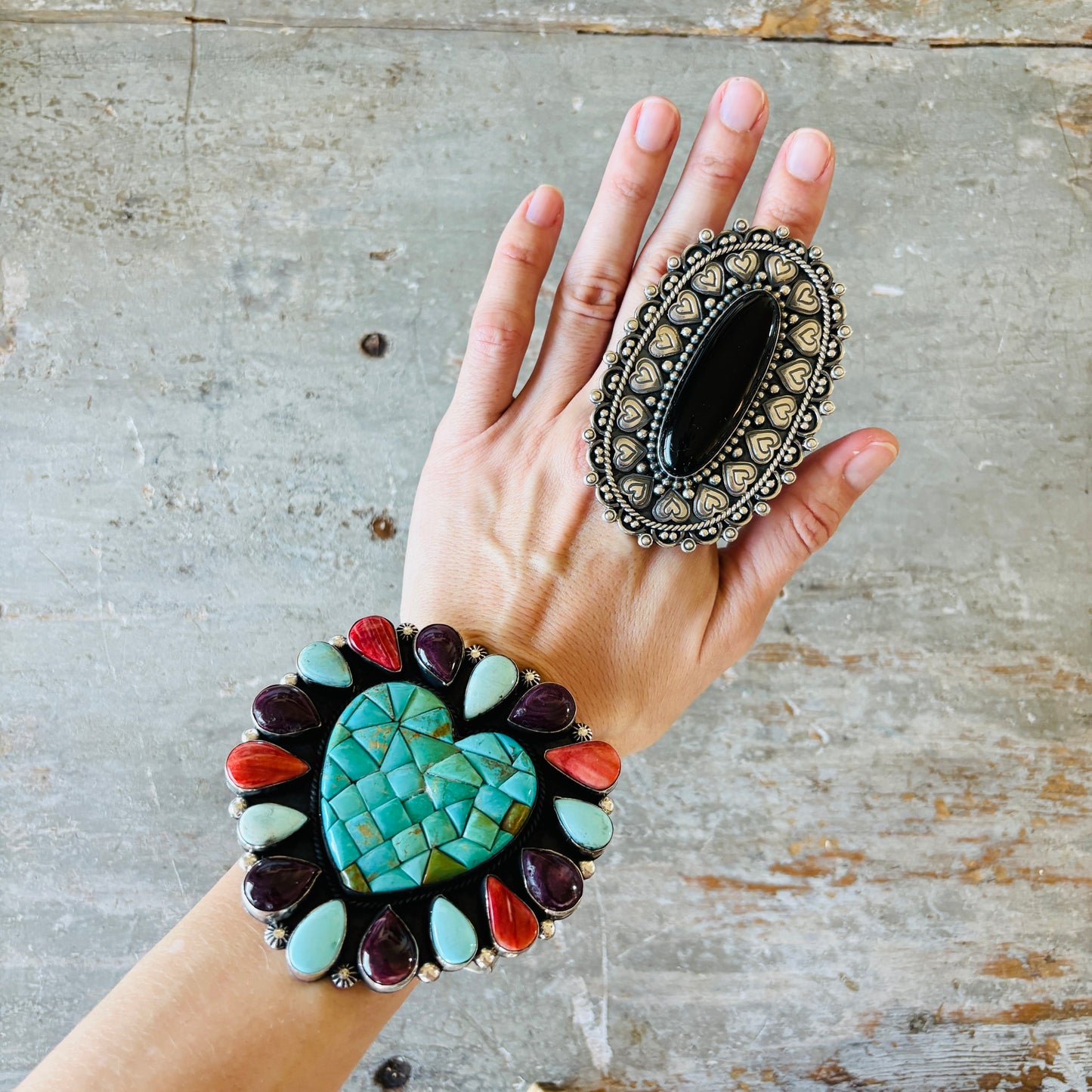 Navajo Hemerson Brown Sterling Silver & Black Onyx Hearts Statement Ring