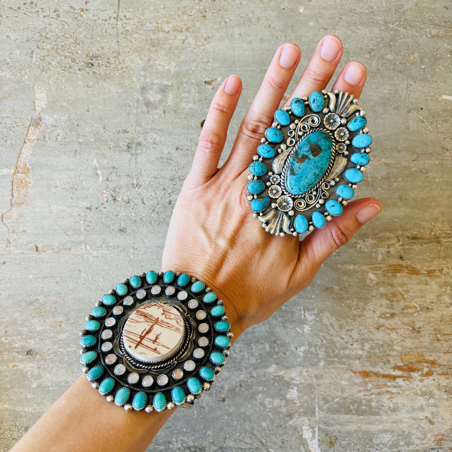 Navajo Kindale Billah Sterling Silver & Kingman Cluster Statement Ring
