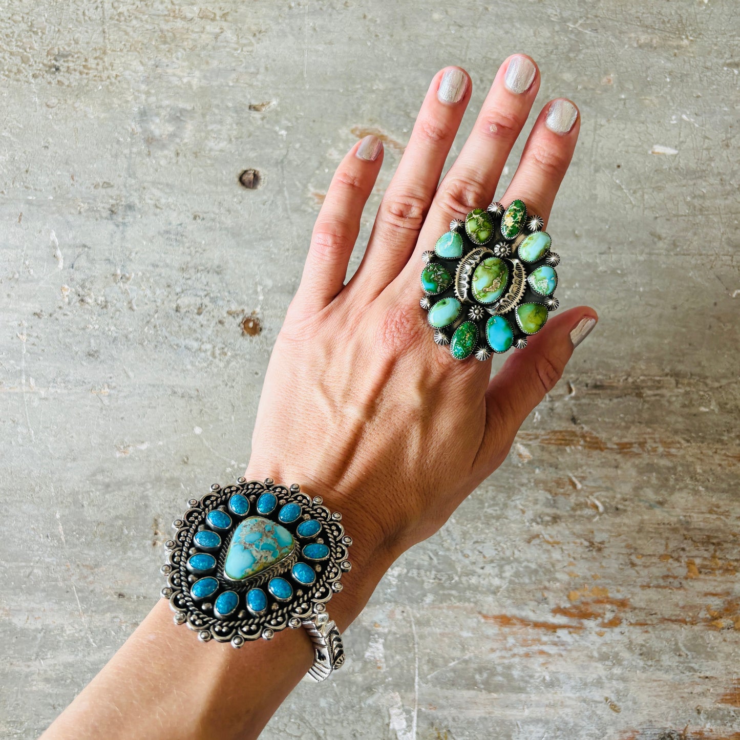 Navajo Larson Lee Sterling Silver & Sonoran Turquoise Cluster Ring