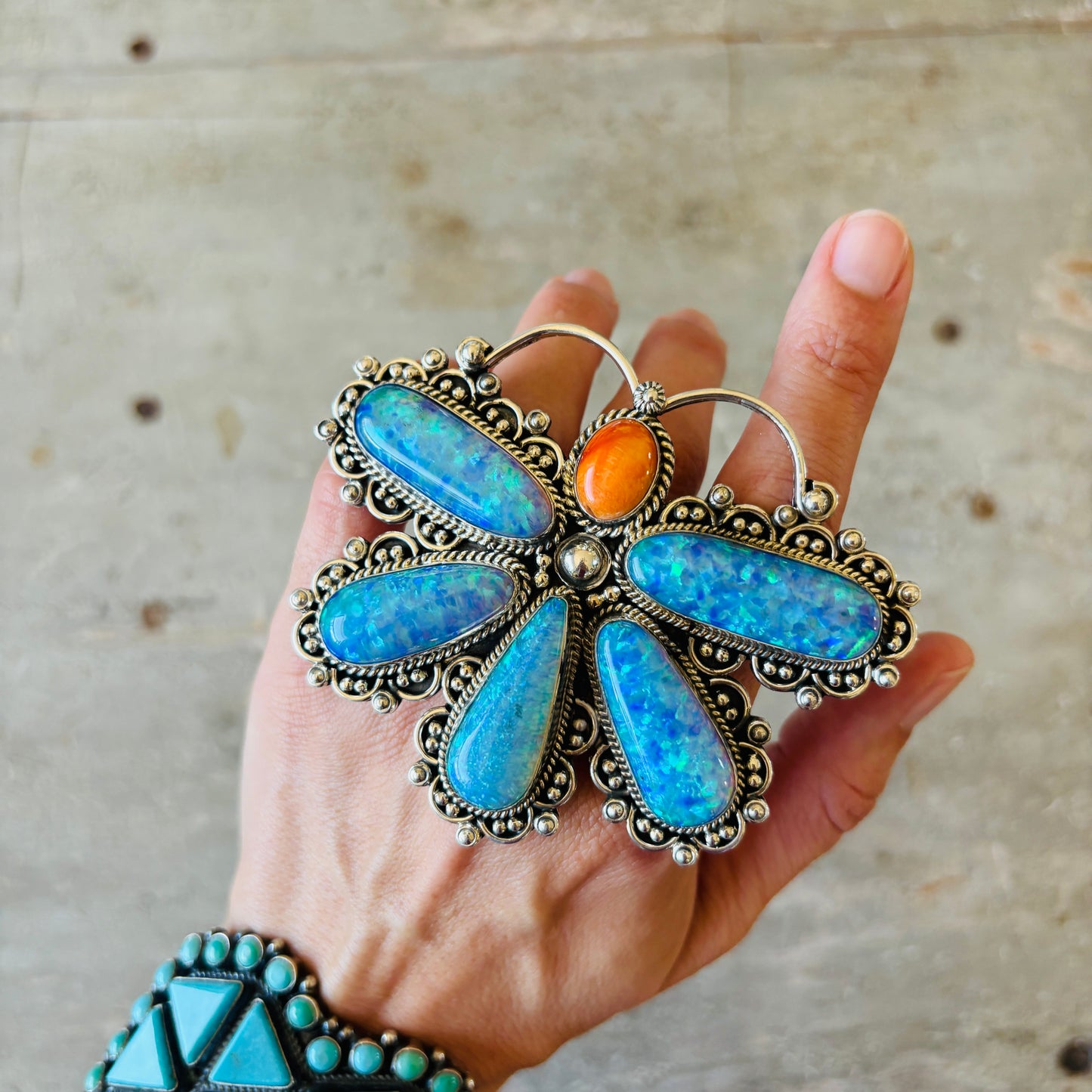 Navajo Hemerson Brown Sterling Silver - Blue Lab Opal & Orange Spiny Dragonfly Ring