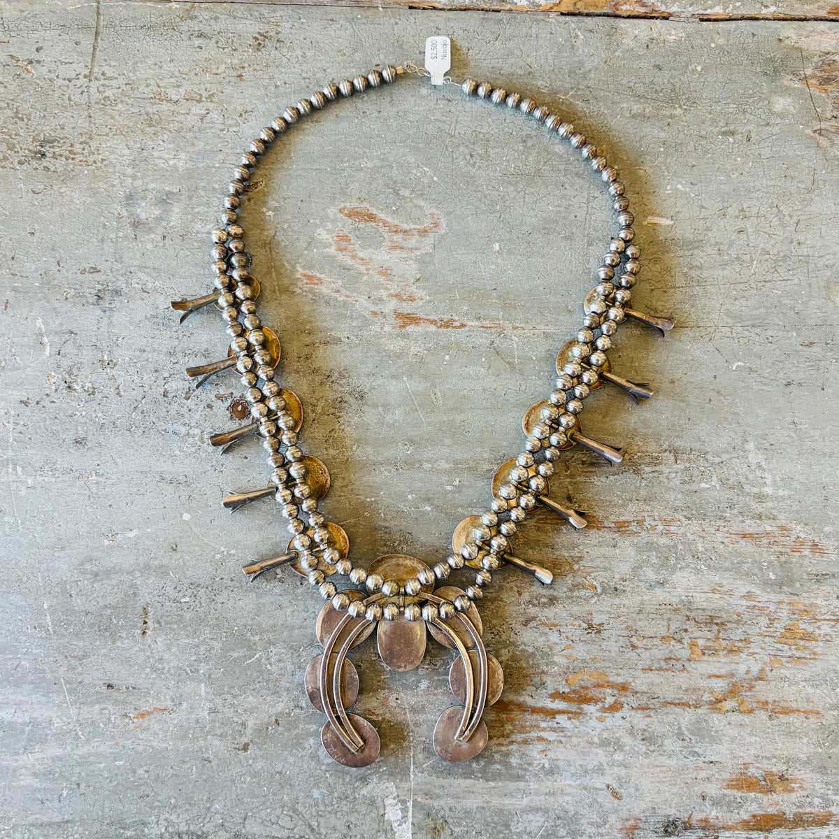 Vintage 1970s Navajo Sterling Silver & Nevada Turquoise Squash Blossom Necklace
