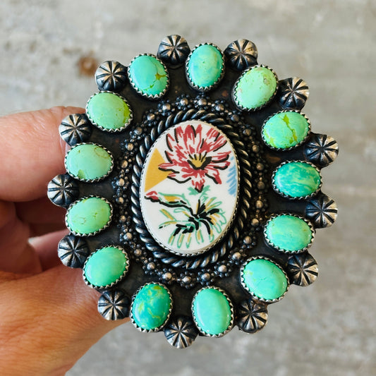 Navajo Kindale Billah Sterling Silver - Ceramic & Mojave Campitos Turquoise Floral Cluster Ring