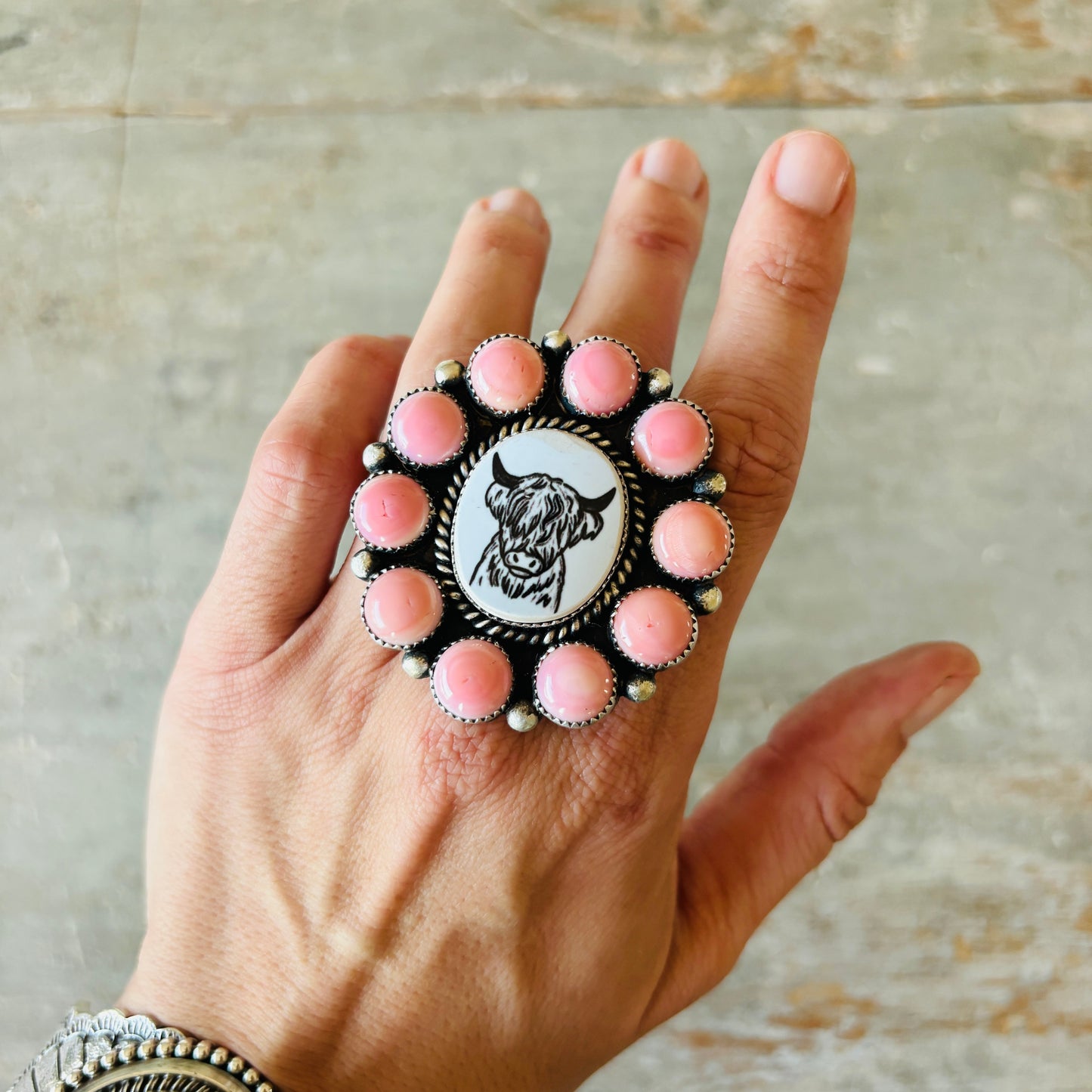 Navajo Kindale Billah Sterling Silver & Pink Conch Highland Cow Ring