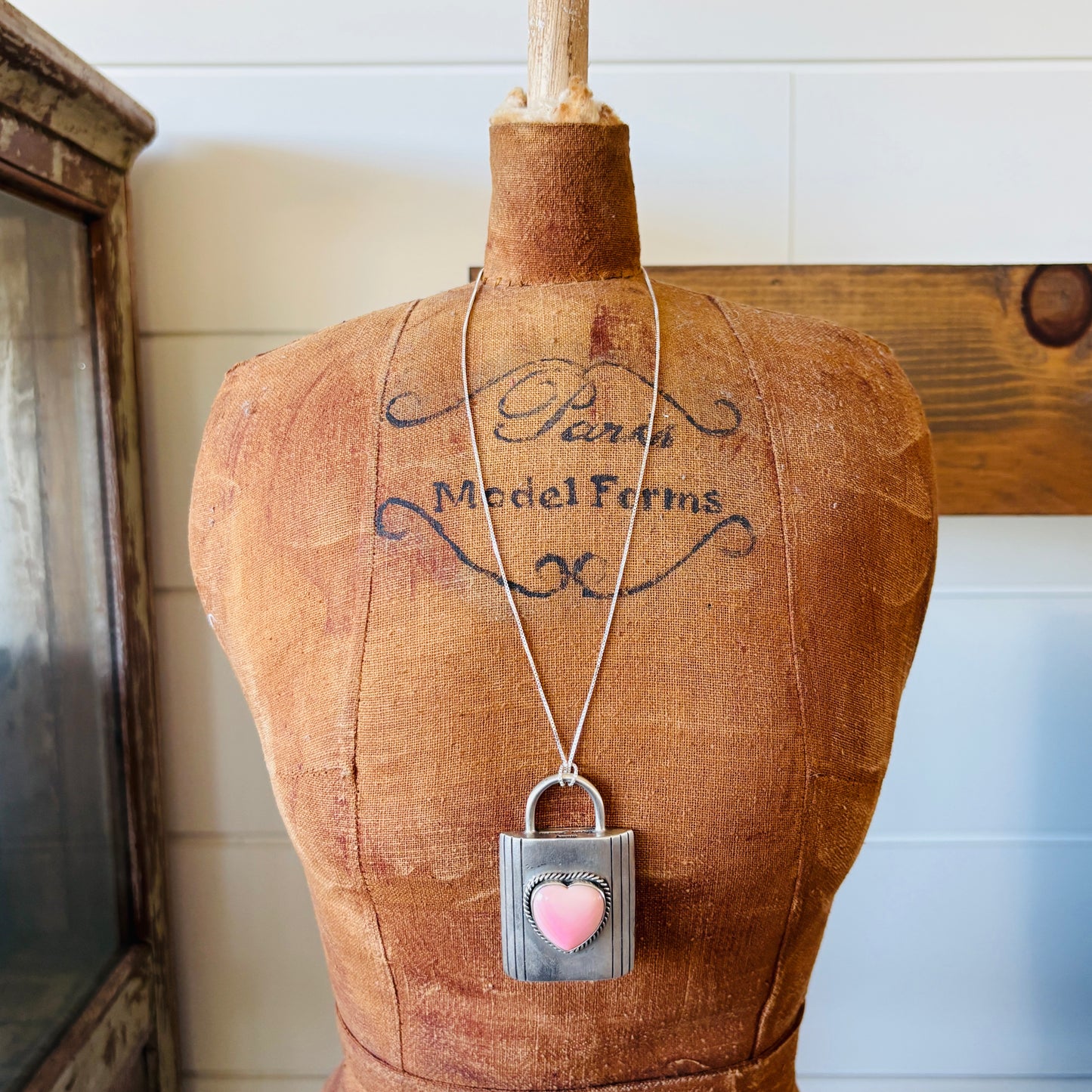 Navajo Charley Johnson Sterling Silver & Pink Conch Heart Lock Pendant