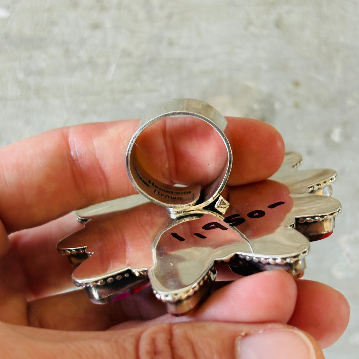 Navajo Hemerson Brown Sterling Silver & Pink Dahlia Mojave Cluster Ring