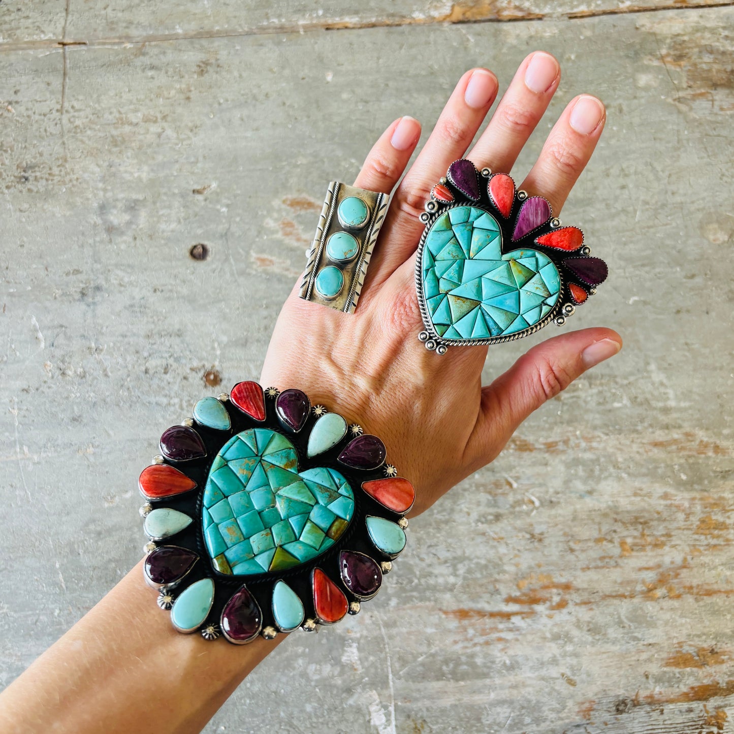 Navajo Hemerson Brown Sterling Silver - Orange - Purple Spiny & Kingman Turquoise Heart Cobblestone Cuff