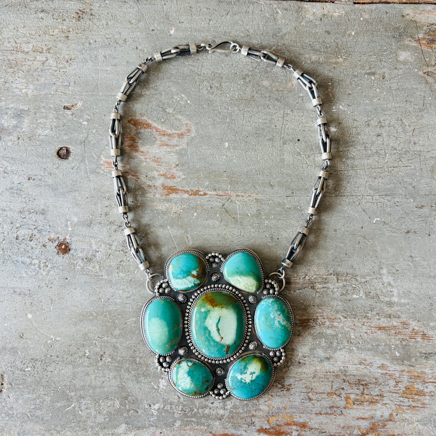 Navajo Gilbert Platero Sterling Silver & Cananea Turquoise Cluster Statement Necklace