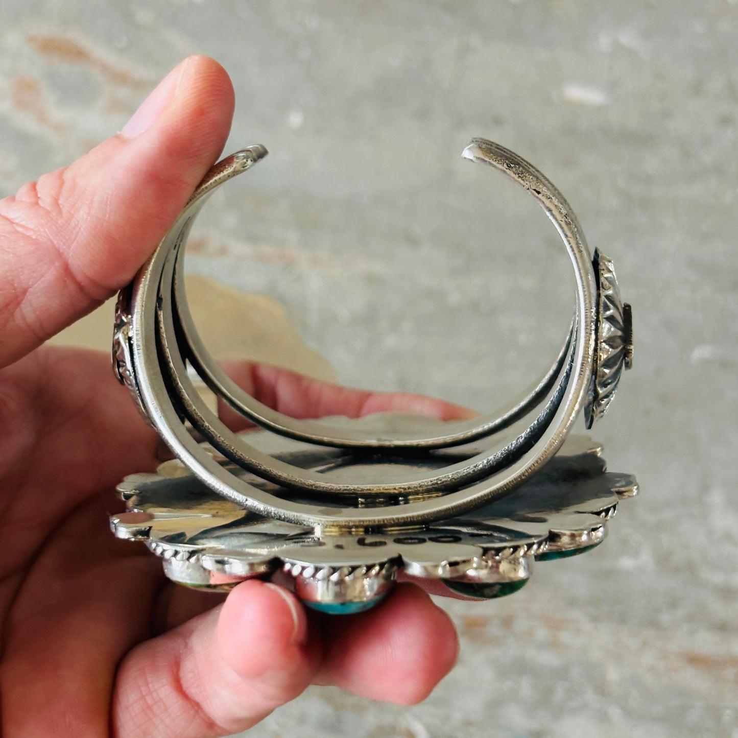 Navajo Hemerson Brown Sterling Silver & Sonoran Turquoise Hearts Cluster Cuff