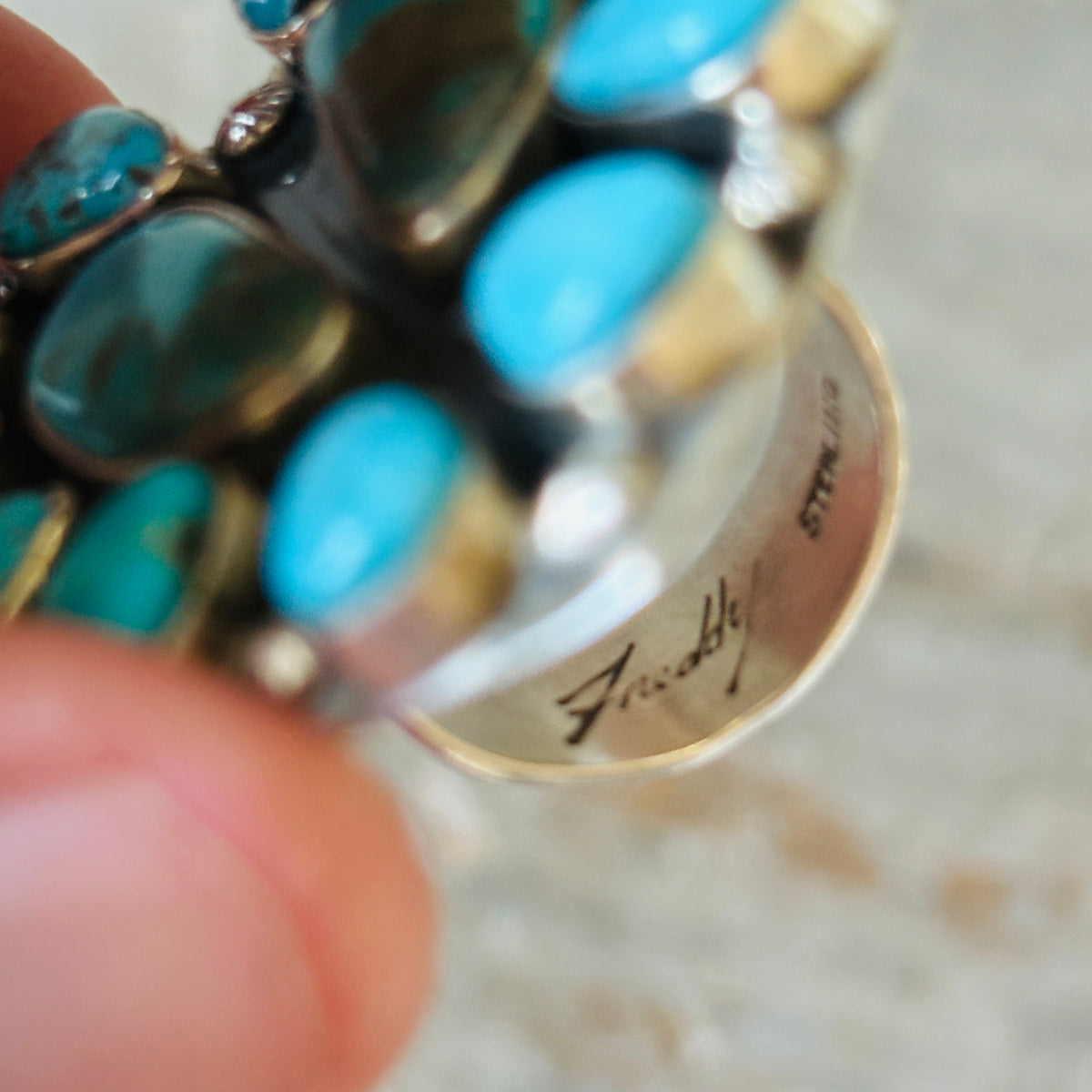 Navajo Freddy Platero Sterling Silver & Whitewater Turquoise Cluster Heart Ring