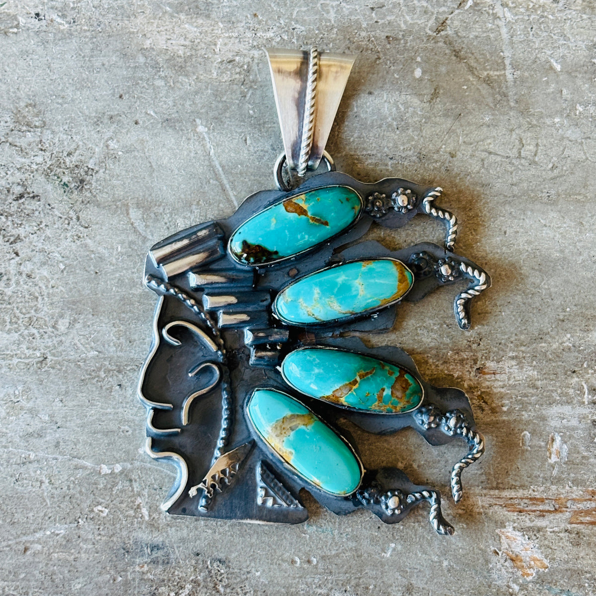 Navajo Miranda Willie Sterling Silver & Kingman Turquoise Kachina Pendant