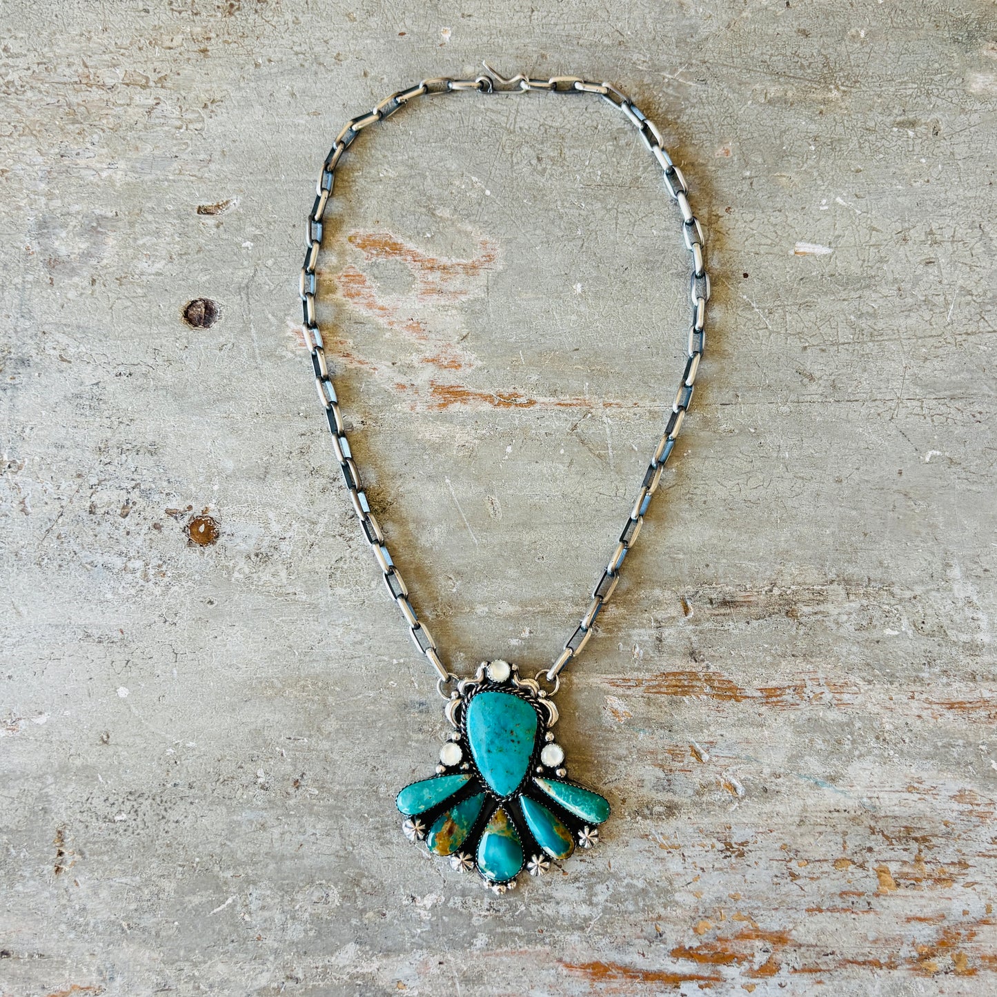 Navajo Lorenzo & Jerilyn Chee Sterling Silver - Shell & Kingman Turquoise Cluster Necklace