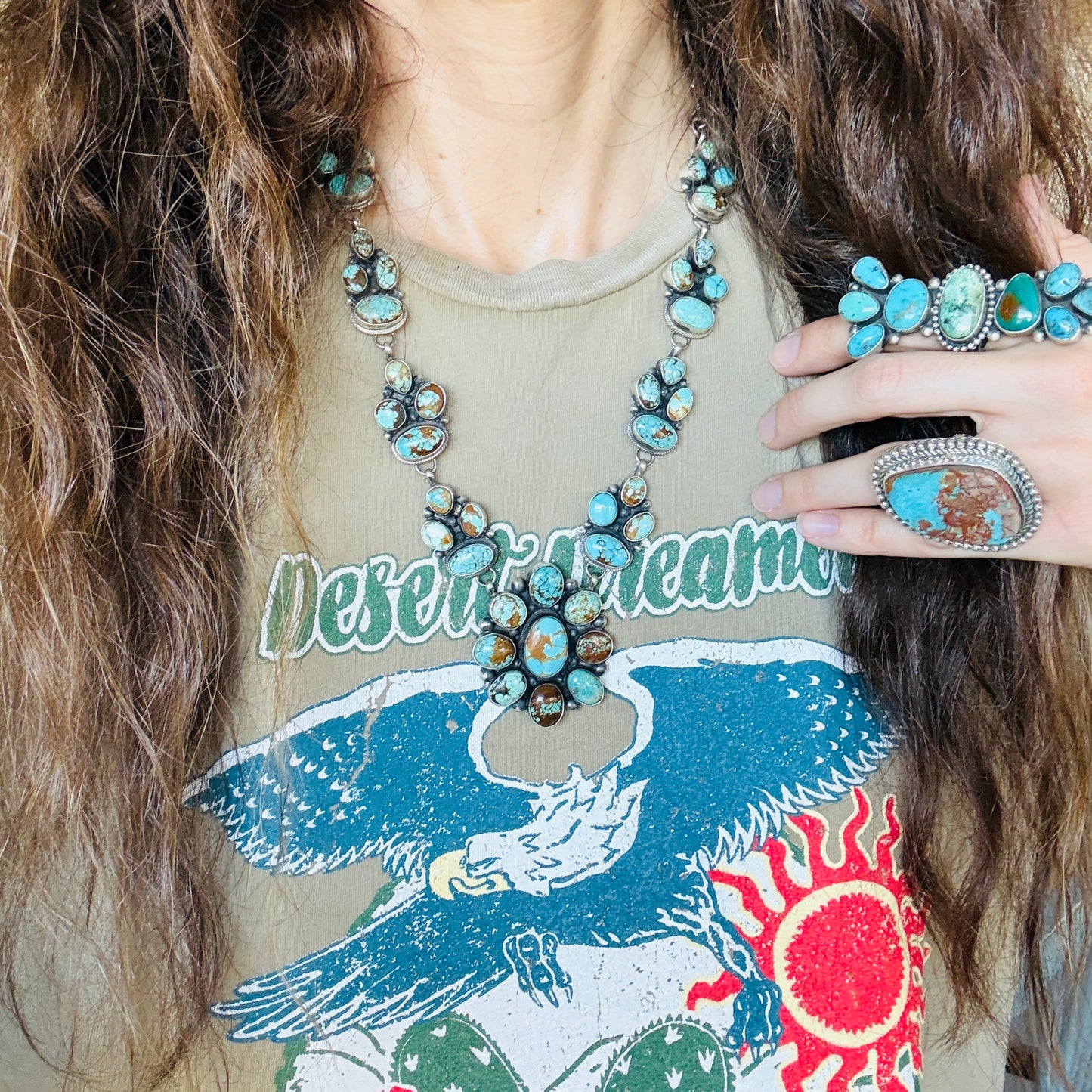 Navajo Sheila Becenti Sterling Silver & #8 Turquoise Cluster Statement Necklace Set