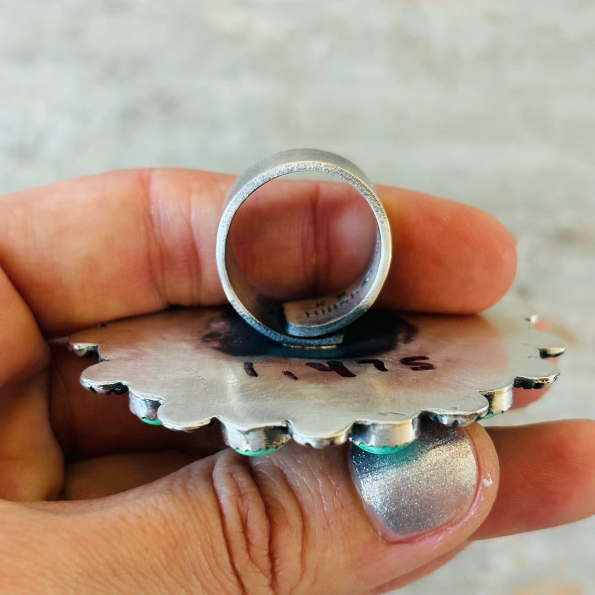 Navajo Kindale Billah Sterling Silver - Ceramic & Mojave Campitos Turquoise Floral Cluster Ring