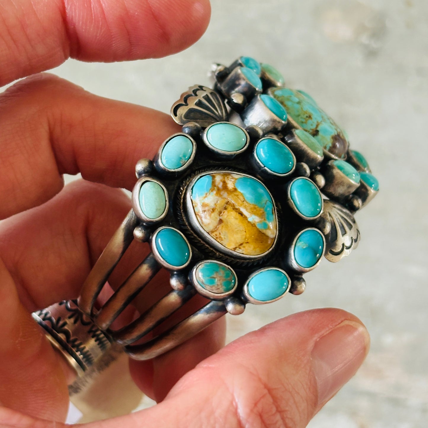 Navajo Paul Livingston Sterling Silver & Mixed Turquoise Cluster Cuff