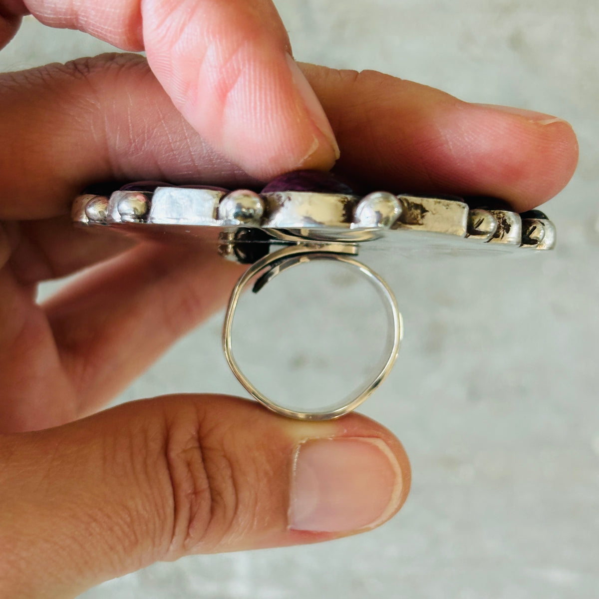 Navajo Tyler Brown Sterling Silver & Purple Spiny Oyster Heart Cluster Ring