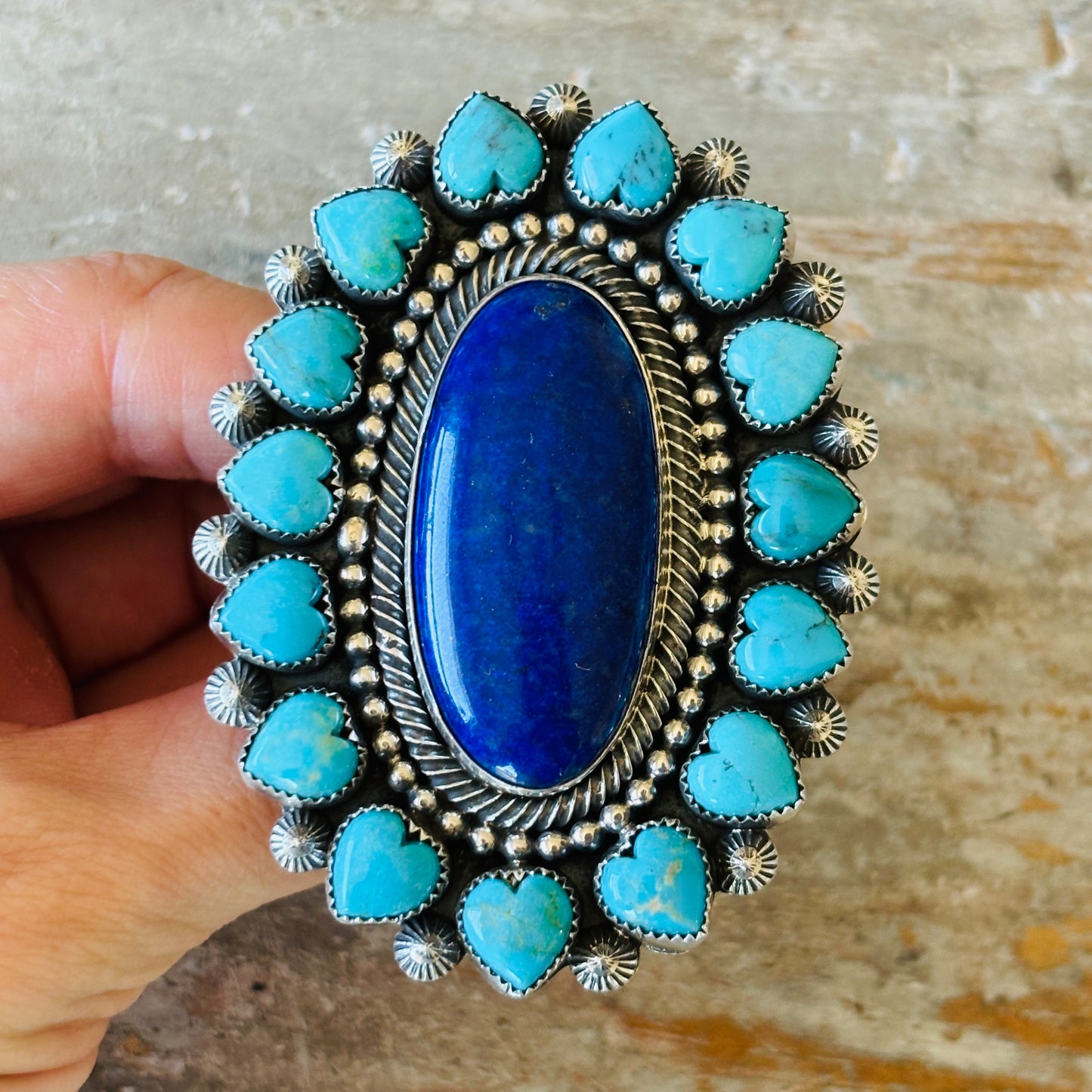 Navajo Hemerson Brown Sterling Silver & Kingman Turquoise Hearts Cluster Ring