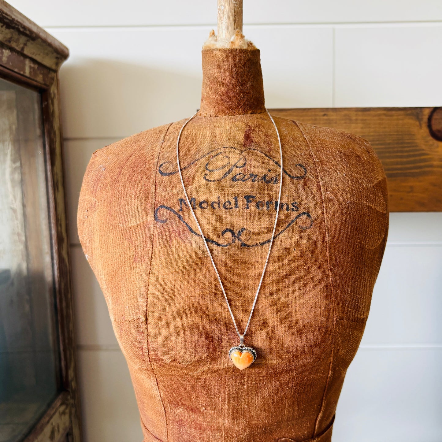 Navajo Pauline Nelson Sterling Silver & Orange Spiny Oyster Heart Pendant