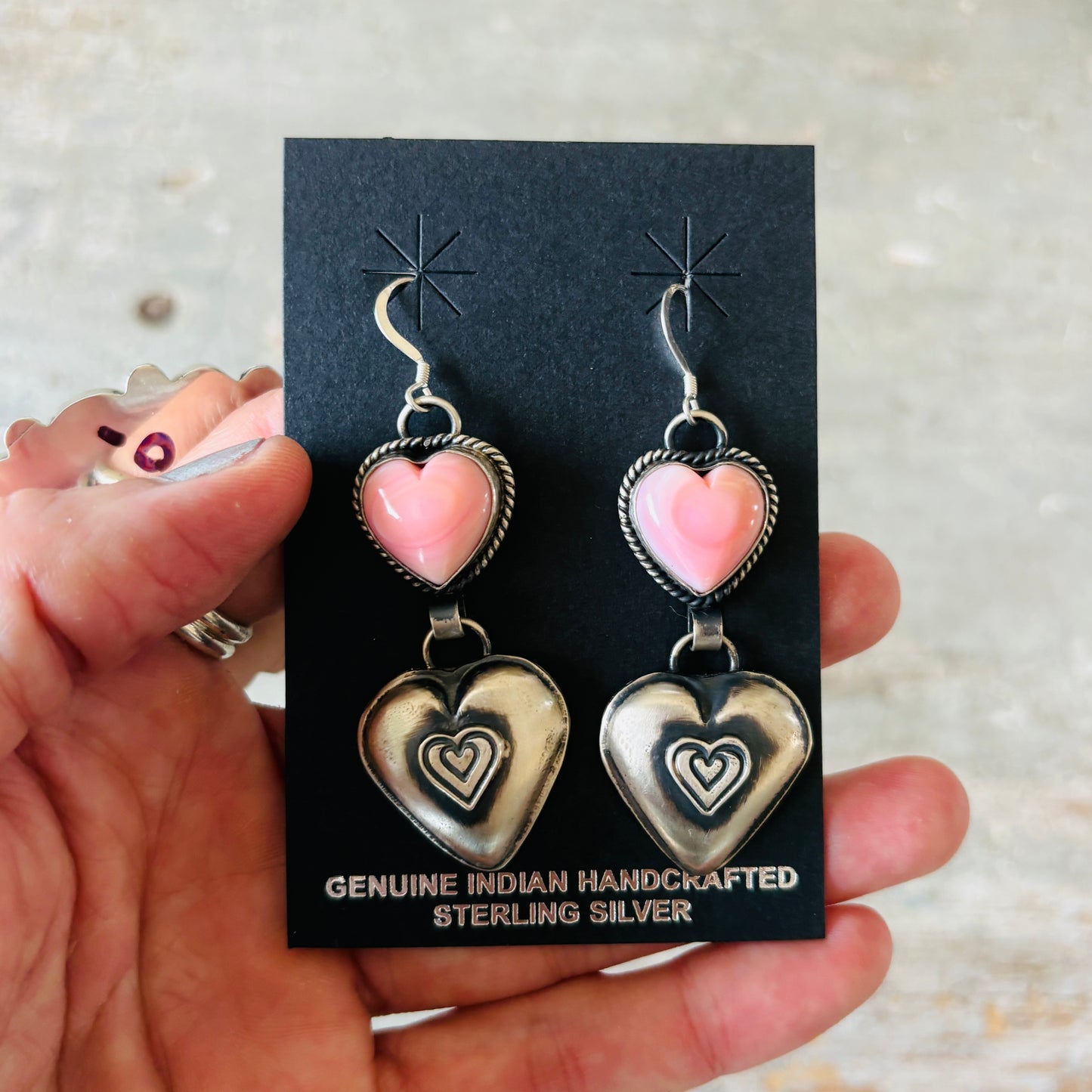 Navajo Hemerson Brown Sterling Silver & Pink Conch Heart Statement Earrings