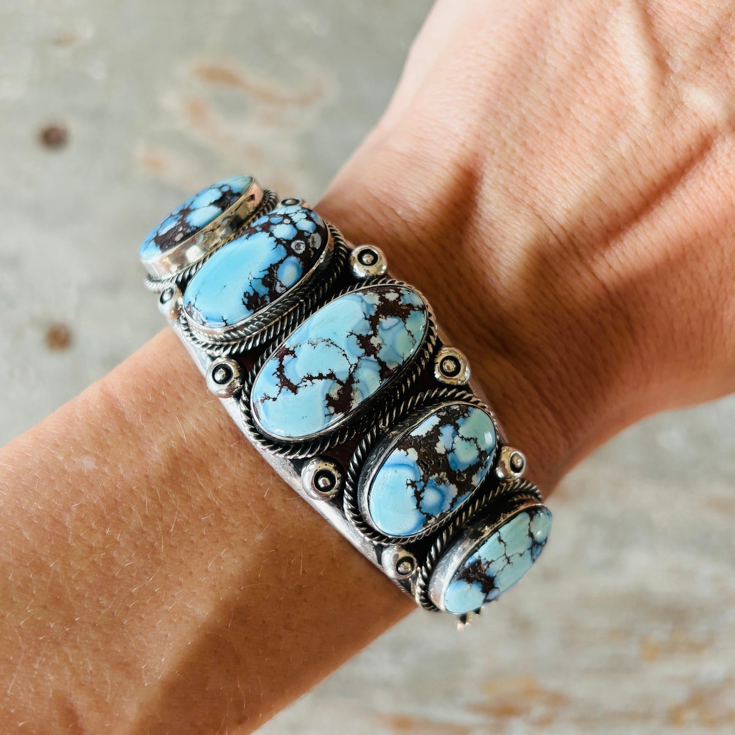 Navajo Hemerson Brown Sterling Silver & Golden Hills Turquoise 5 Stone Stacker Cuff