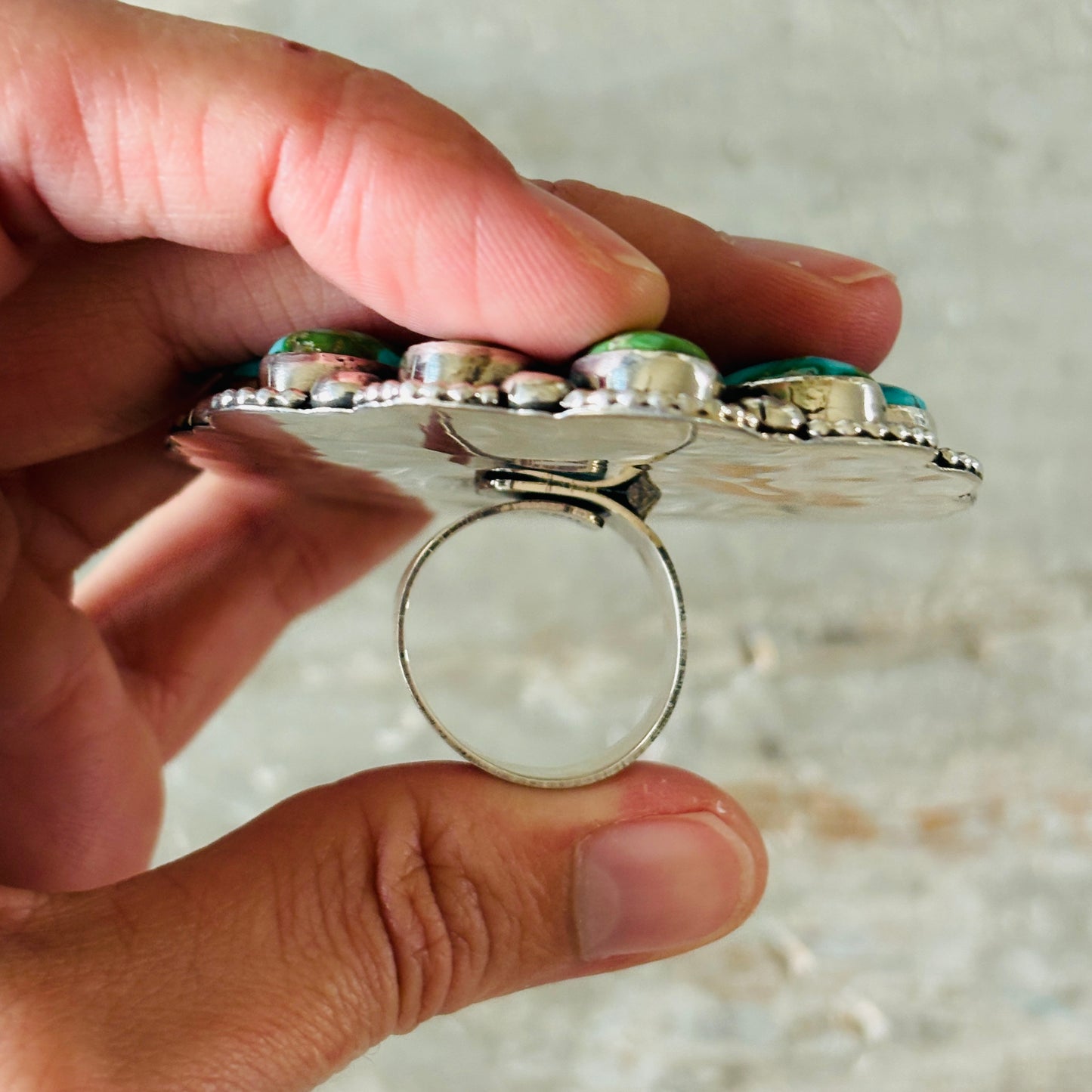 Navajo Hemerson Brown Sterling Silver & Sonoran Turquoise Cluster Statement Ring