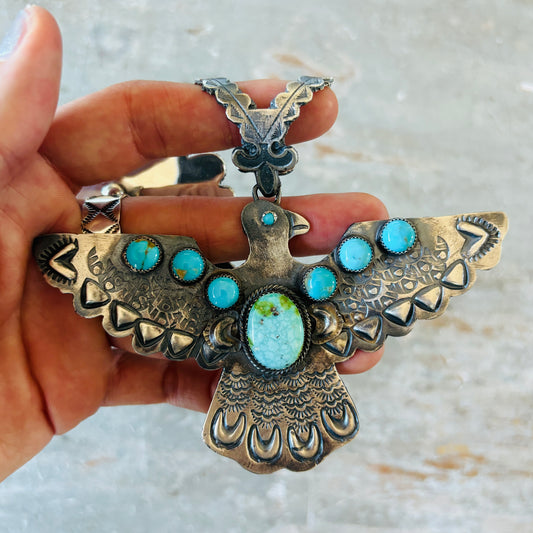 Navajo Richard Yaza Sterling Silver - Kingman & Sonoran Turquoise Thunderbird Pendant