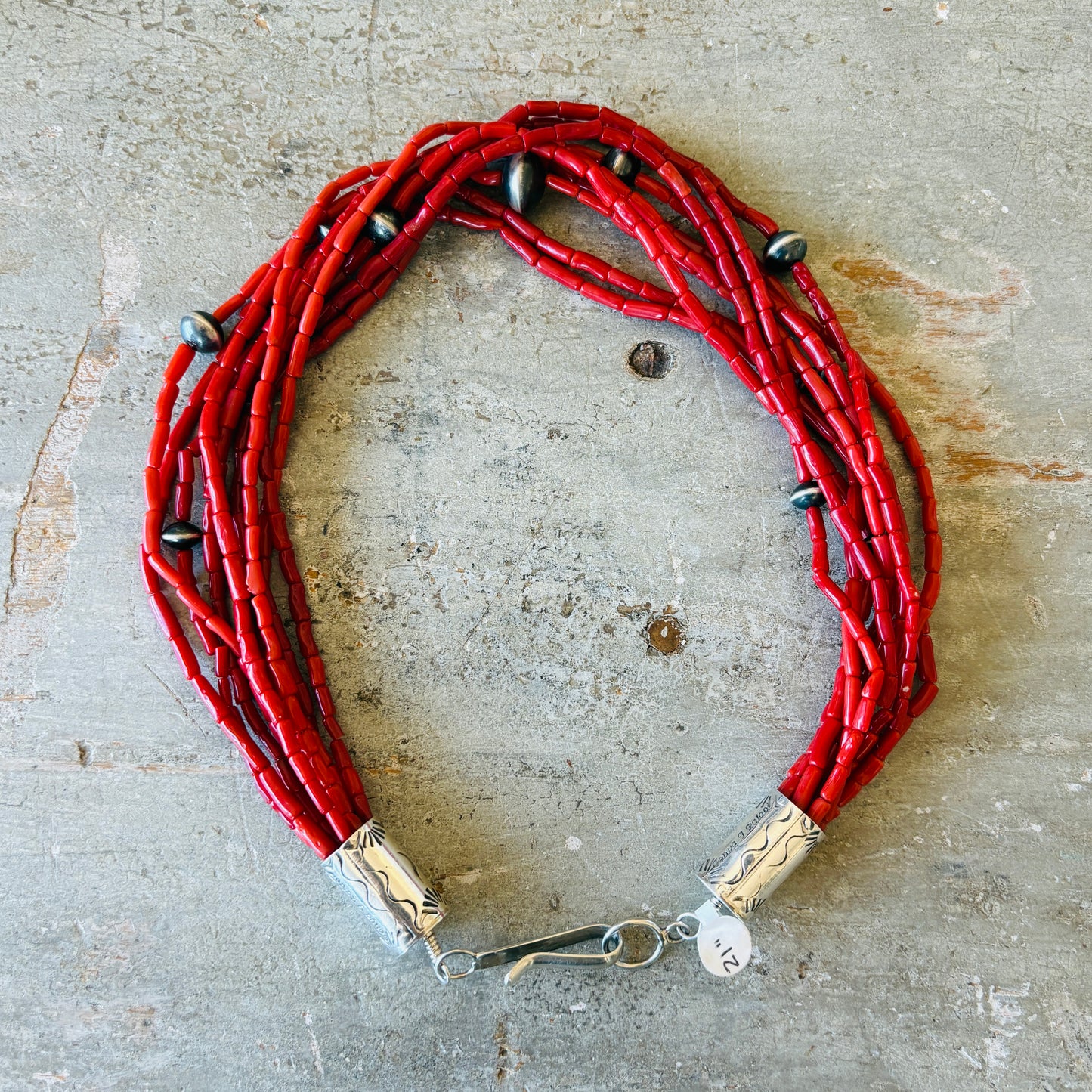 Navajo Tonya June Rafael Sterling Sterling & Red Coral 10 Strand Handmade Pearls Statement Necklace
