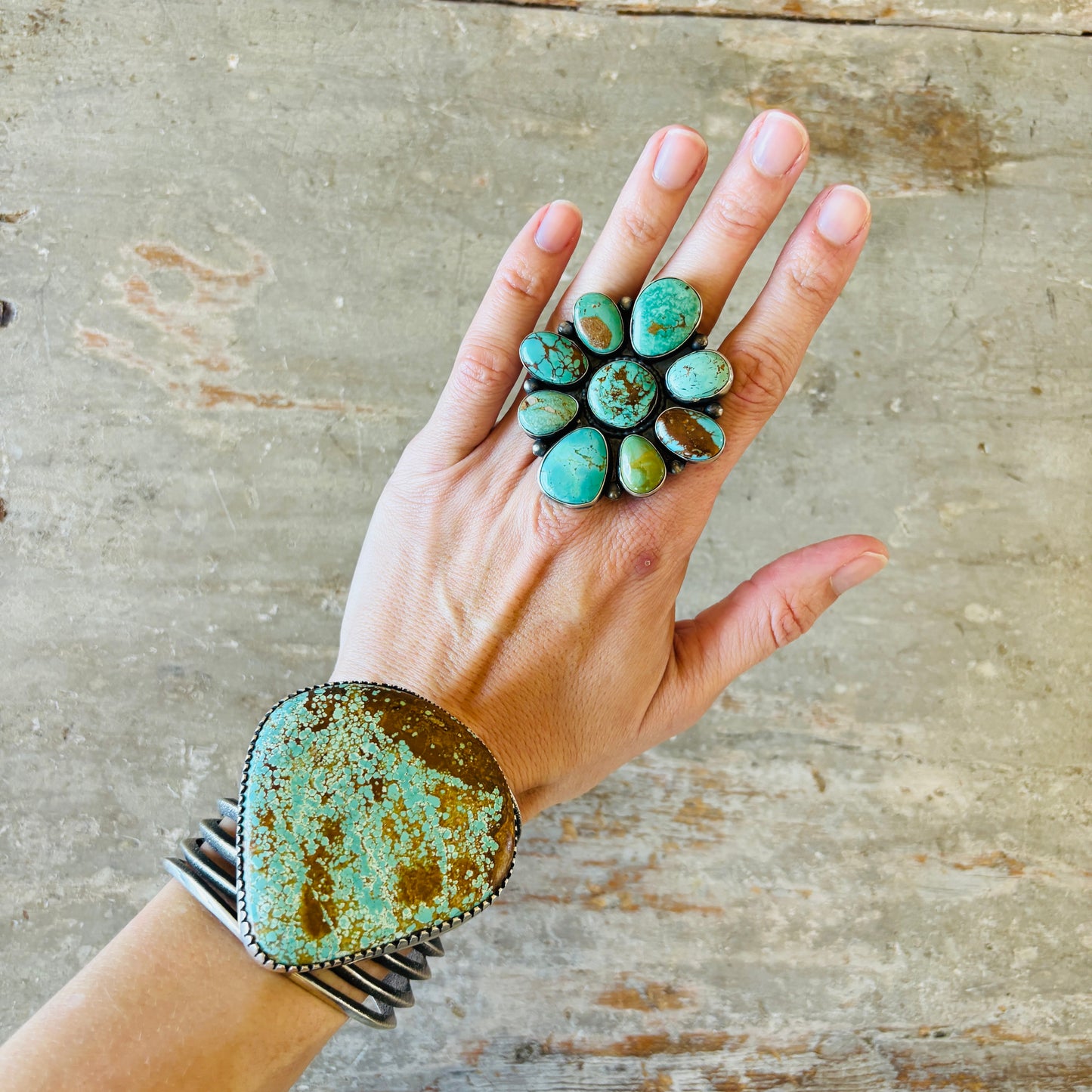 Navajo Taliah Benally Sterling Silver & Mixed Turquoise Cluster Ring
