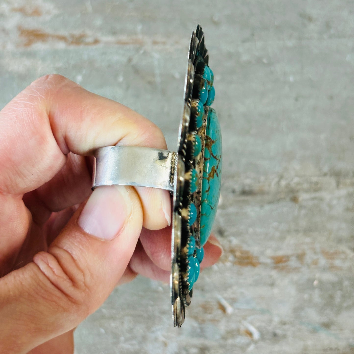 Navajo Hemerson Brown Sterling Silver & Kingman Turquoise Cluster Ring