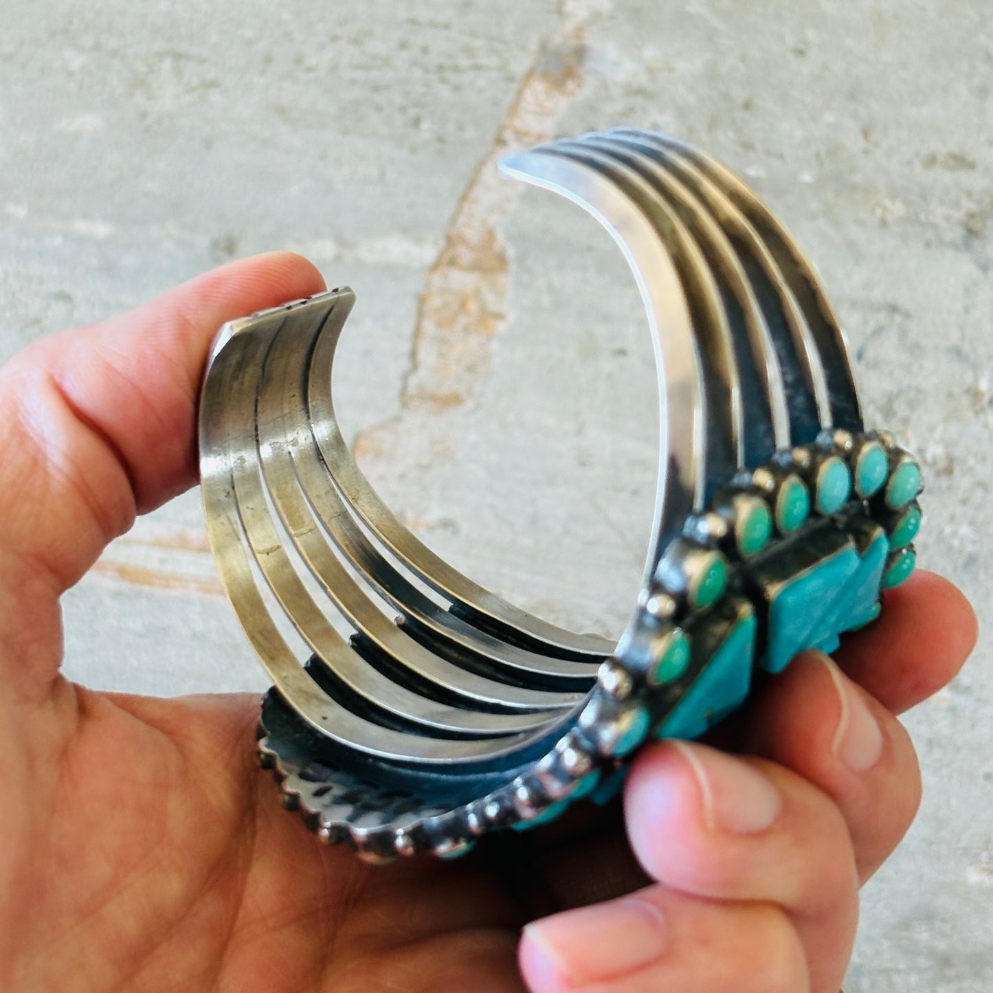 Navajo Anthony Skeets Sterling Silver & Kingman Turquoise Cluster Statement Cuff
