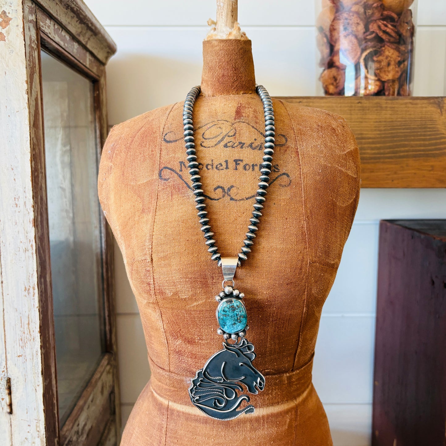 Navajo Miranda Willie Sterling Silver & Persian Turquoise Horse Head Pendant