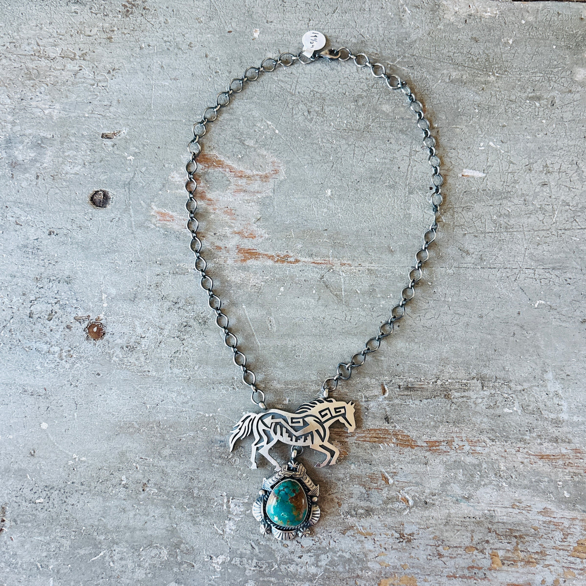 Navajo Juanita McDona Sterling Silver & Royston Turquoise Horse Overlay Necklace